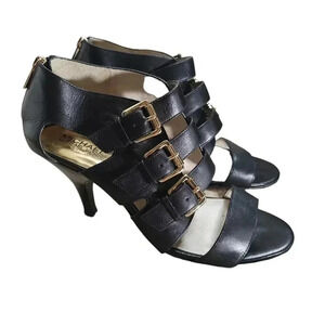 Michael Kors Black Leather Gold Buckle Hardware Viola Mid Sandals Heels